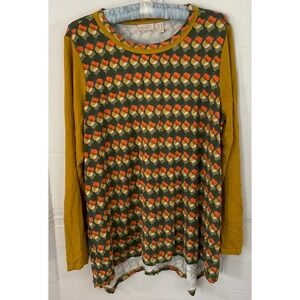 LOGO Lori Goldstein Womens Large Green Mustard Geometric Circle Sharkbite Top